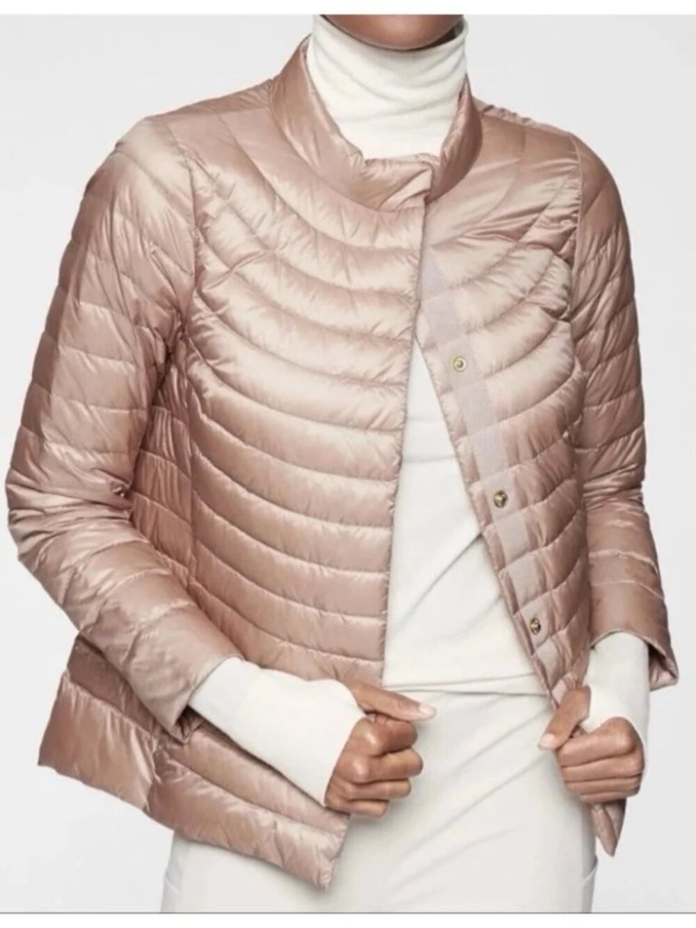 Athleta Downkind Jacket Goose Down Fill Puffer Size Medium Tall Pink Rose